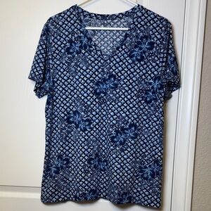 Lands' End Blue White V-Neck Floral S/S Relaxed Fit Shirt Size 14-16 EUC #5043